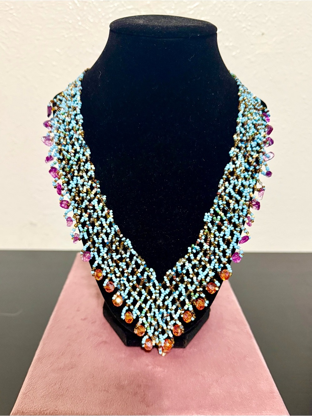 Stunning Handmade Beaded Statement Necklace with Turquoise, Purple and Amber